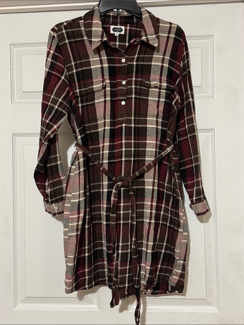 Mud Pie Burgundy Olive Cream Plaid Long-Sleeve Shirt Dress 140
